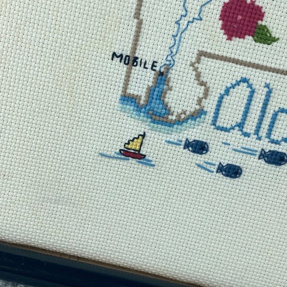 Wall Decor Alabama State Map Cross Stitch Framed Embroidery